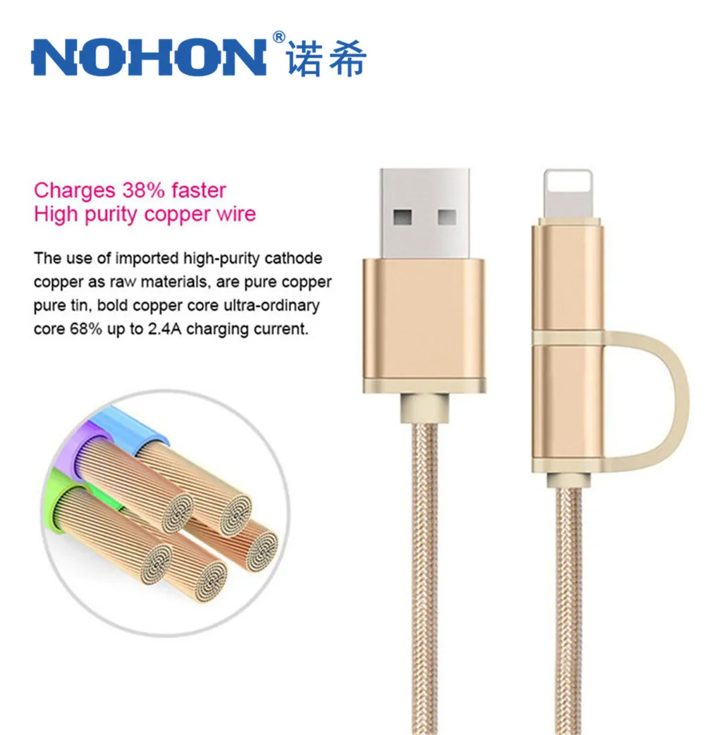 NOHON 2 в 1 Micro USB кабель для зарядки 8 Pin для iphone 8 Plus X XS MAX XR быстрое зарядное устройство кабели для Samsung Xiaomi huawei