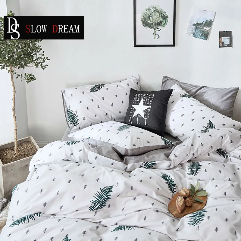 

SLOWDREAM Nordic Bedding Set Linen Cotton Euro Green Leaves Bedspread Double Sheet Duvet Cover Comforter Queen King Bedclothes