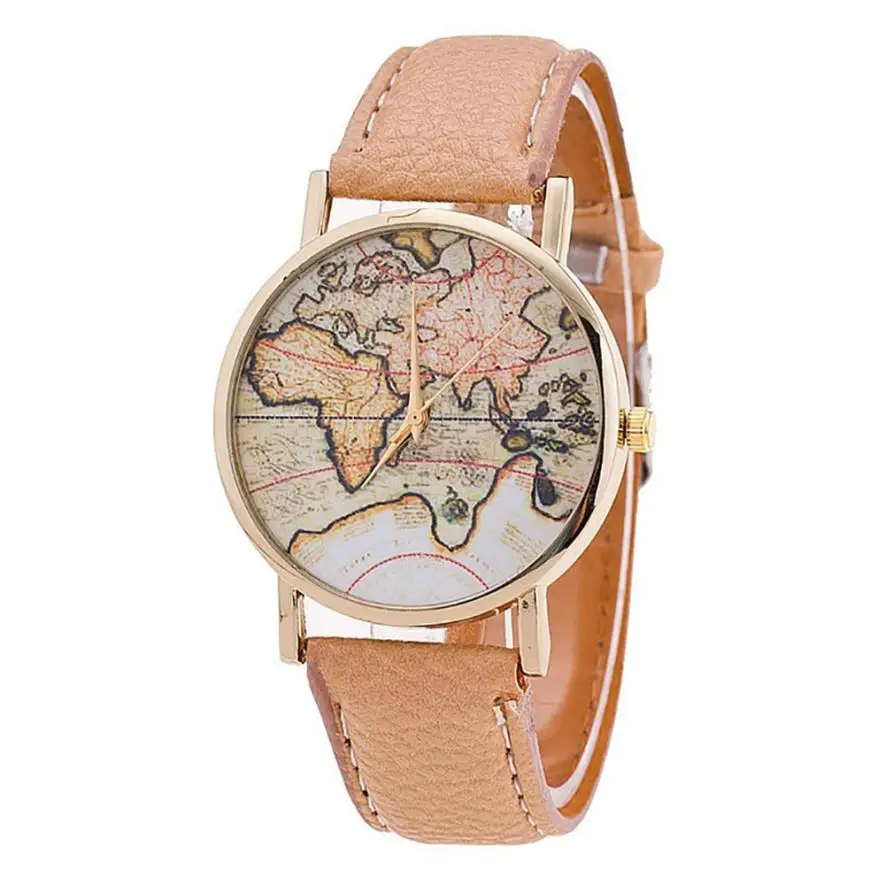 Модные женские кожаные часы с картой мира, модные женские наручные часы, повседневные Роскошные Кварцевые часы, Relogio Feminino# D