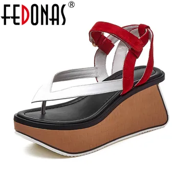 

FEDONAS Platform Style Women Sandals Genuine Leather Thick Bottom Flats Shoes Summer Leisure Herringbone Sandals Shoes Woman