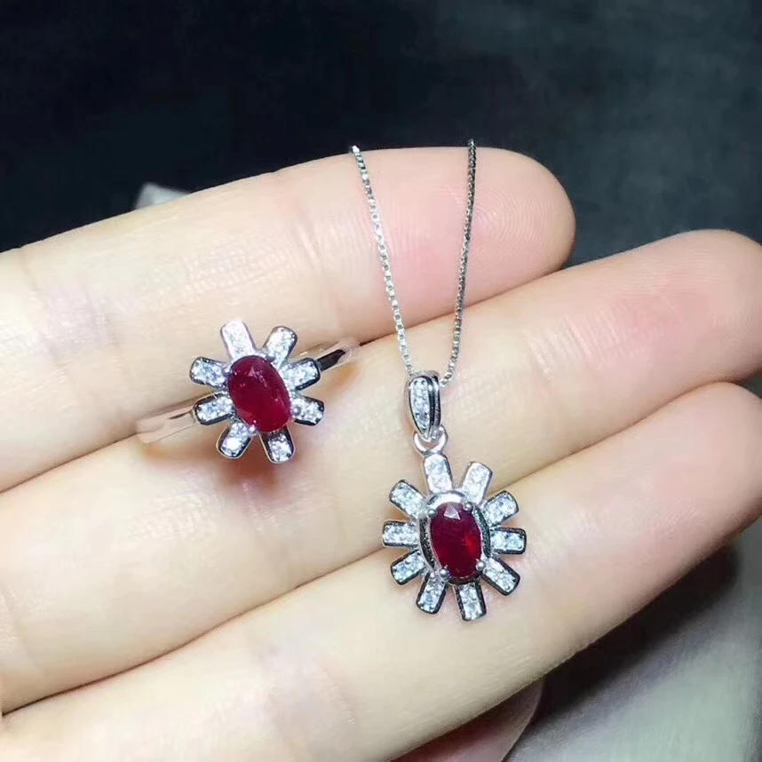 

Natural red ruby jewelry sets natural gemstone ring Pendant S925 silver Fashion romantic Sun flower woman gift Wedding jewelry