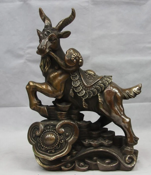 

Fast shipping USPS to USA S1118 China Folk Bronze Copper Feng Shui Yuan Bao Wealth Money Ru Yi Goat Sheep Statue