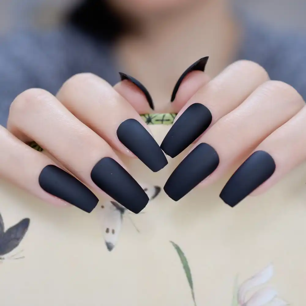 Long Coffin Fake Nails Matt Black Square Ballerina False Nail Full Wrap Lady Manicure Tips