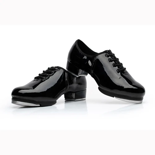 2018 Women Girls Tap Dance Shoes Shiny Patent PU Leather Laced Black