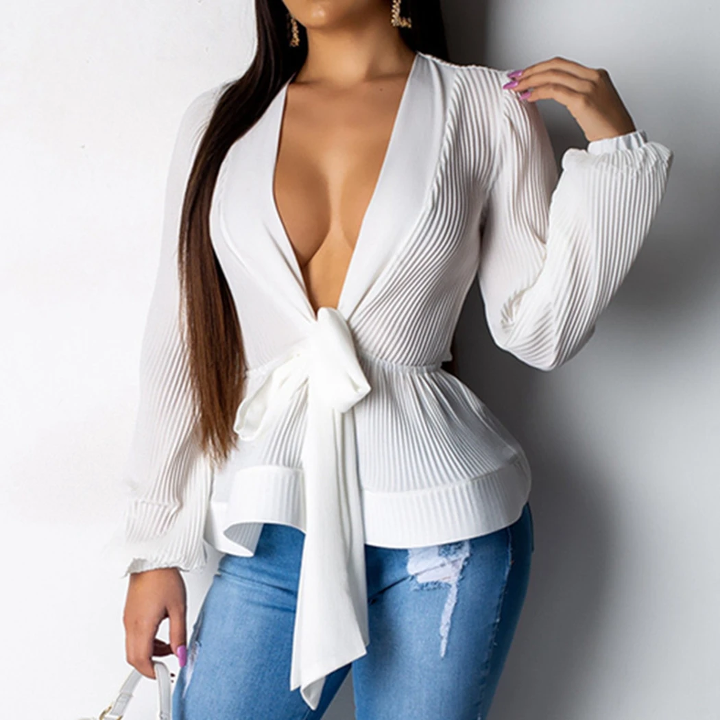 

Women Puff Sleeve Chiffon Blouse Sexy Deep V-Neck Lace Up Bow Tops Peplum 2019 Fashion Solid Ladies Office Shirts Blusas Mujer