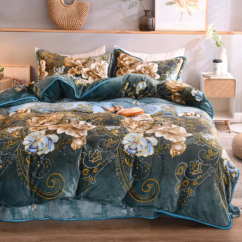 

Warm Winter Thick Fleece Fabric Flowers Printing Bedding Set Soft Flannel Velvet Duvet Cover Bed Sheet/Linen Pillowcases 4pcs