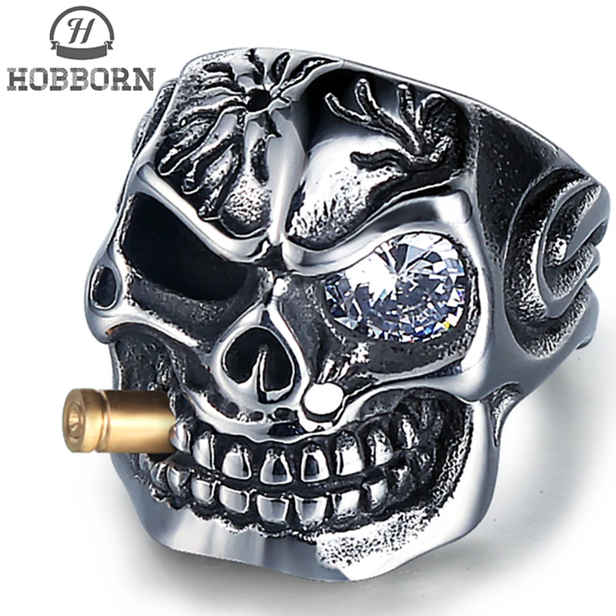 

HOBBORN Hyperbole Skull Bullet Rings Men Titanium Steel High Polished Skeleton Ring for Mens Never Fade Punk Horror Jewelry Gift