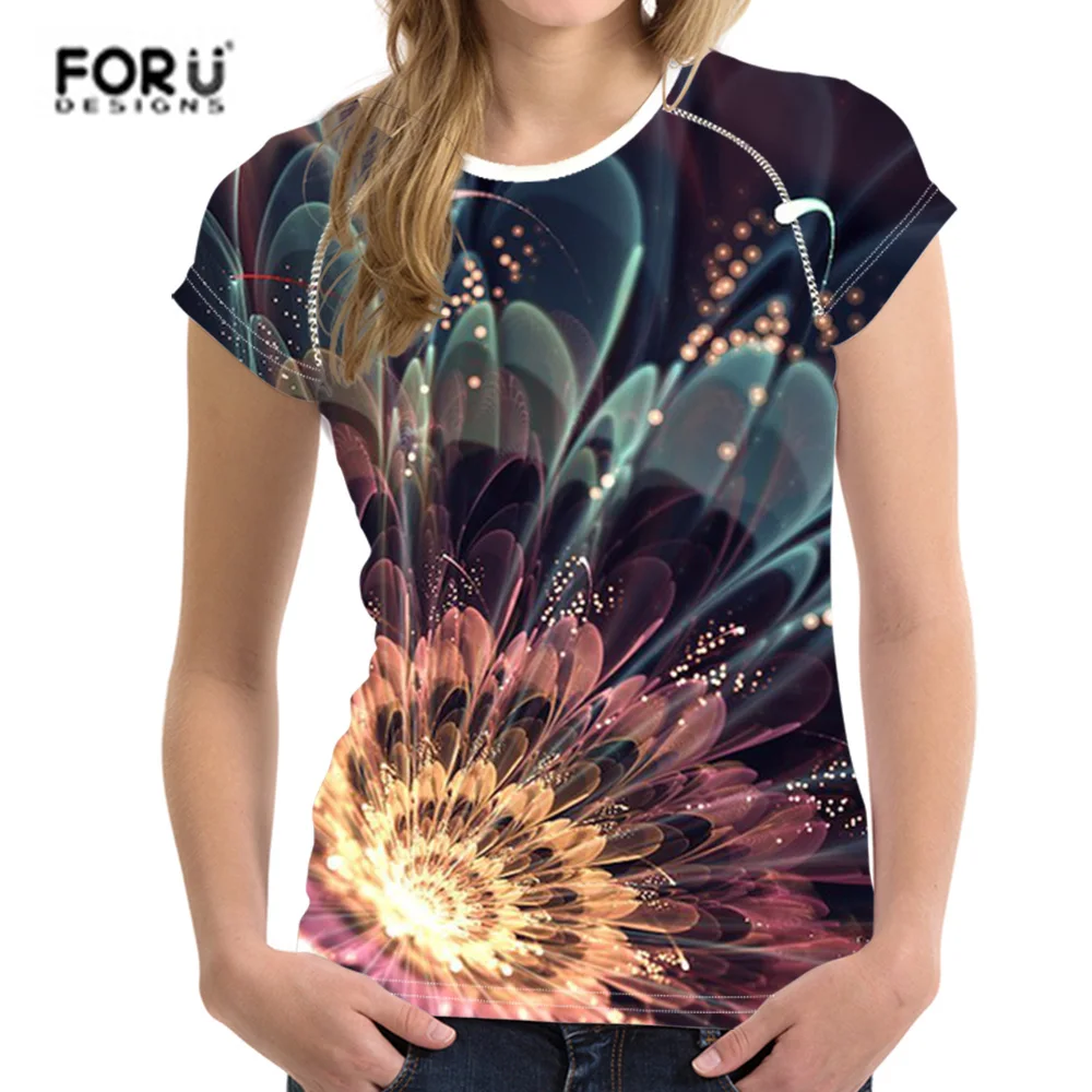 

FORUDESIGNS T shirt O-Neck Women t-shirt Short Sleeve Floral Retro Tops tee shirt Smooth Femme Slim-Fit Black tshirts Travel Top
