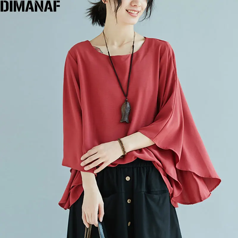 

DIMANAF Women Linen T-Shirt Plus Size Basic Summer 2018 Flare Sleeve Irregular Casual Female Loose Elegant Lady Black Tops&Tees