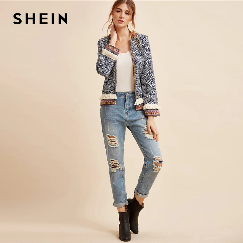 Женская Повседневная куртка SHEIN разноцветная вышитая лента с бахромой и
