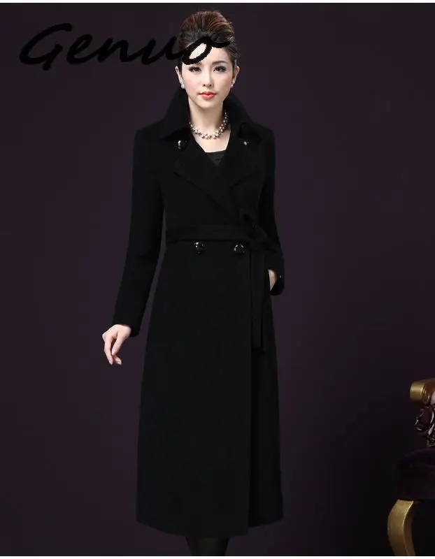 Genuo 5XL, плюс размер, осенне-зимнее шерстяное пальто для женщин, Кашемировое шерстяное пальто, новинка, высокое качество, верхняя одежда, манто, длинное, femme hiver - Цвет: black