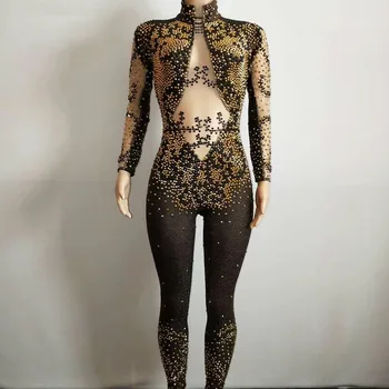 

Shining Gold Crystals Jumpsuit Nigthclub Performance Outfit Party Celebrate Glisten Rhinestones Costume Bodysuit Stage Rompers