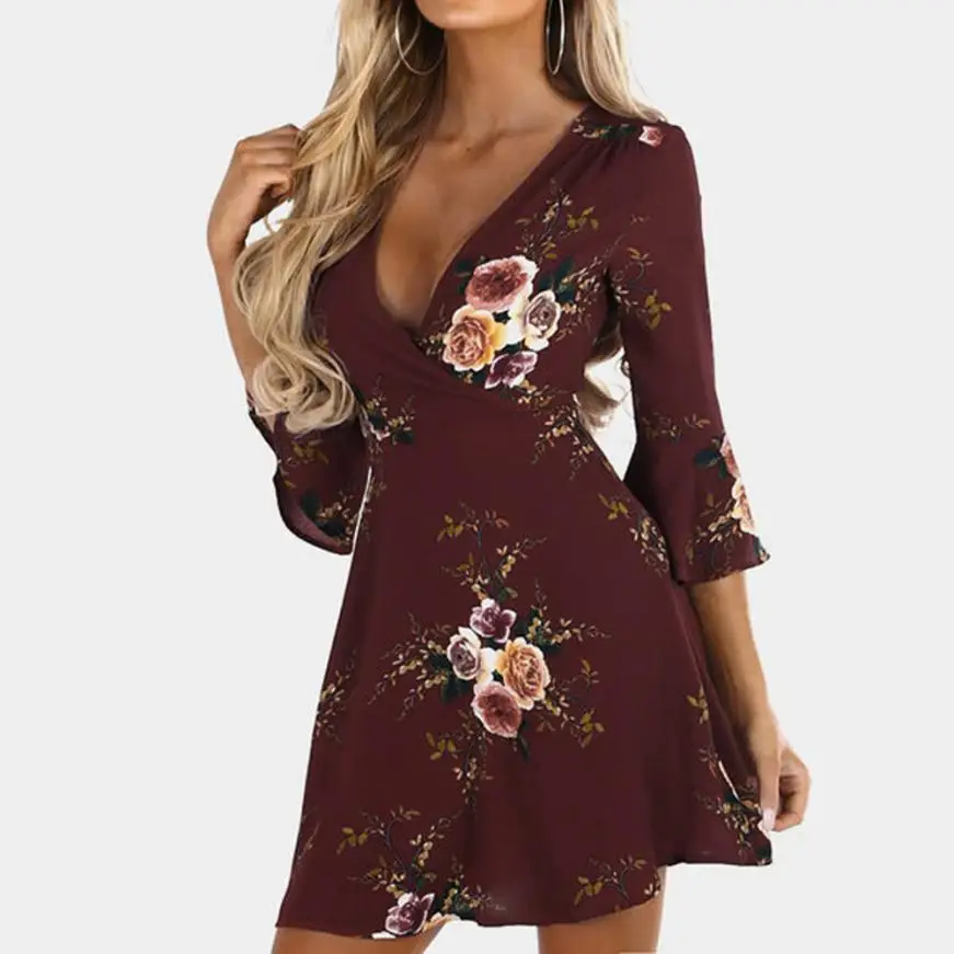 

KANCOOLD dress new high quality Casual Flare Three Quarter Sleeve Print Floral Dress Ladies Mini dress women feb7