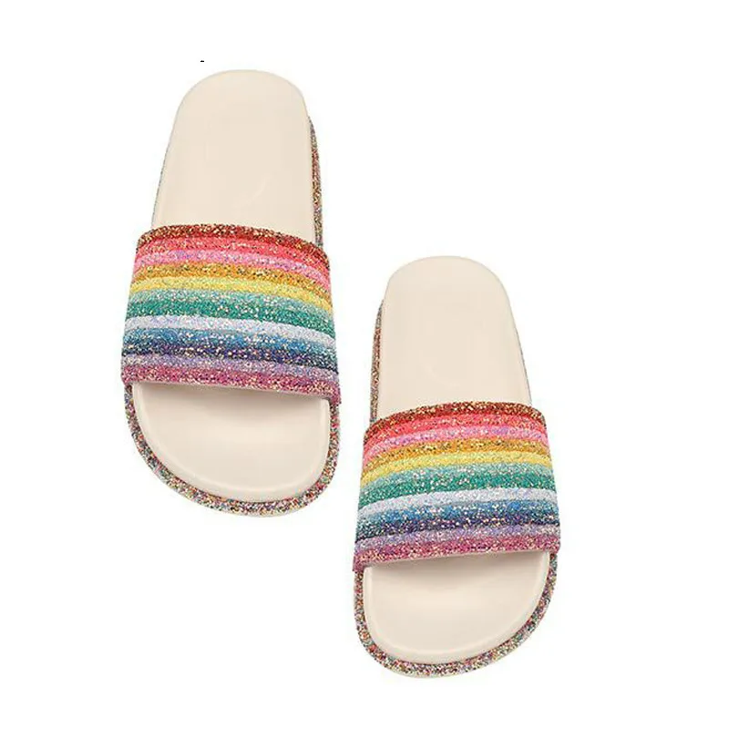 Female Summer Flat Slides Casual Bright Diamond Bling Rainbow Slippers Indoor Home Shoes Outdoor Beach Flip Flops Women Slides Female Summer Flat Slides Casual Bright Diamond Bling Rainbow Slippers Indoor Home Shoes Outdoor Beach Flip Flops Women Slides