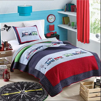 

Kids Cartoon Quilt Set 2pcs Thomas Train Applique Bedspread Bed Covers Washed Cotton Quilts Coverlet Twin Size Boys Bedding Blue