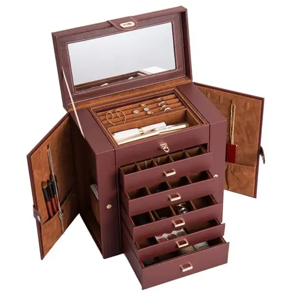 

Leather Jewelry Storage Case Jewelry Box Organize Functional Huge Lockable Women Girls Ring Necklace Earring Bracelet Holder