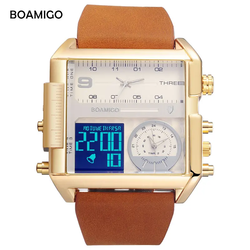 

BOAMIGO Sport Fashion Men Military Dual Time Watch Multiple Time Zone Luxury Chronograph Watch Leather Square Quartz Wristwatch