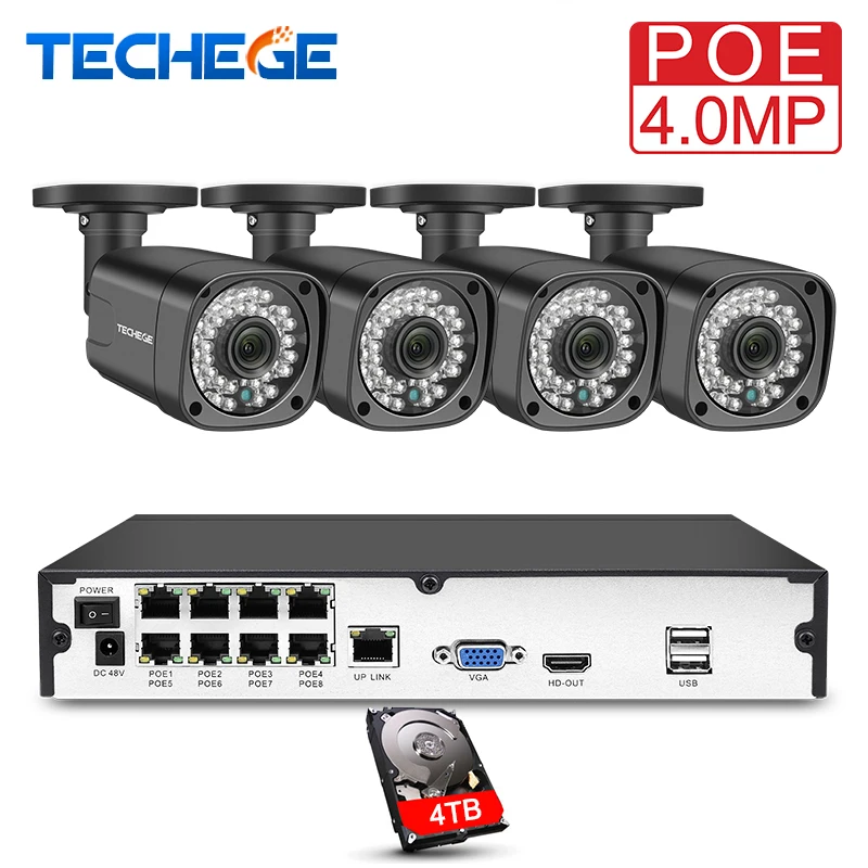 Techege 8CH h.265 4MP POE security camera System Kit Outdoor Waterproof
