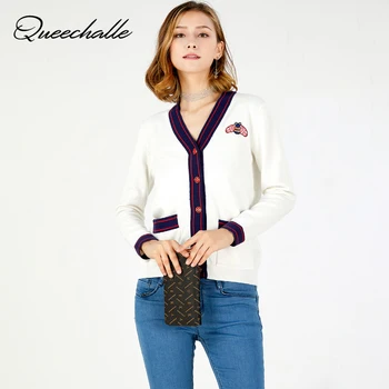 

Queechalle Autumn bee embroidery knitted cardigans Women's striped edge patchwork v neck long sleeve casual cardigan coat Female