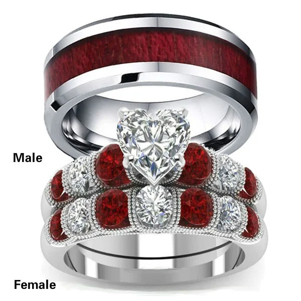 

Wedding&Engagement Jewelry His and Hers Couple Rings Red Zirconia Ring for Women & Stainless Steel Ring Men Wood Ring Gift