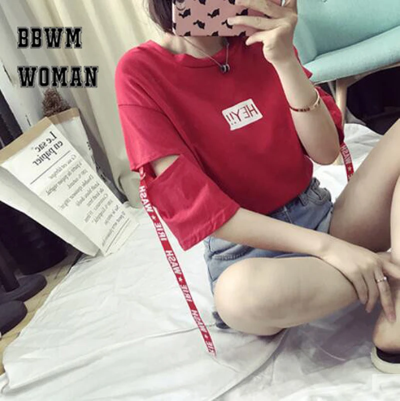 Summer Korean Harajuku Style Hey Alphabet Women T Shirt Personality Hole Ribbon Half Sleeve Student Tops Fashion Tees ZO9