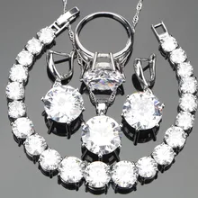 Набор ювелирных изделий для женщин из белого циркония и серебра 925, набор сережек, браслетов, ожерелья, Кулонов, колец, подарочная коробка