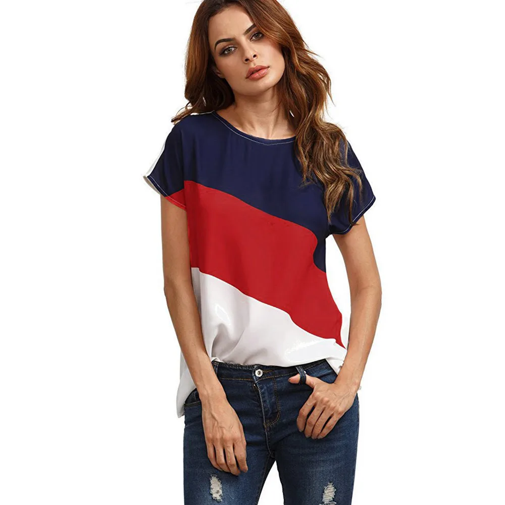 

Fashion Design Women's Color Block office Chiffon Short Sleeve Casual Blouse Shirts Tunic Tops chemise femme blusa mujer vadim