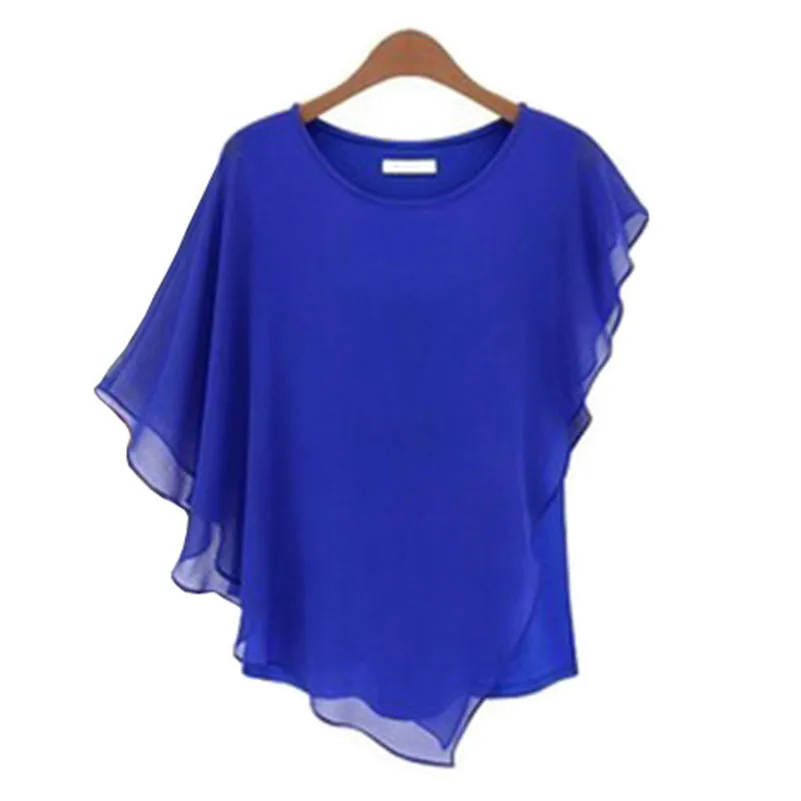 

Casual Women Summer Blouses 2018 Batwing Short Sleeve Chiffon Shirts Plus Size Ruffled Tops Loose O-Neck Camisas Mujer Solid