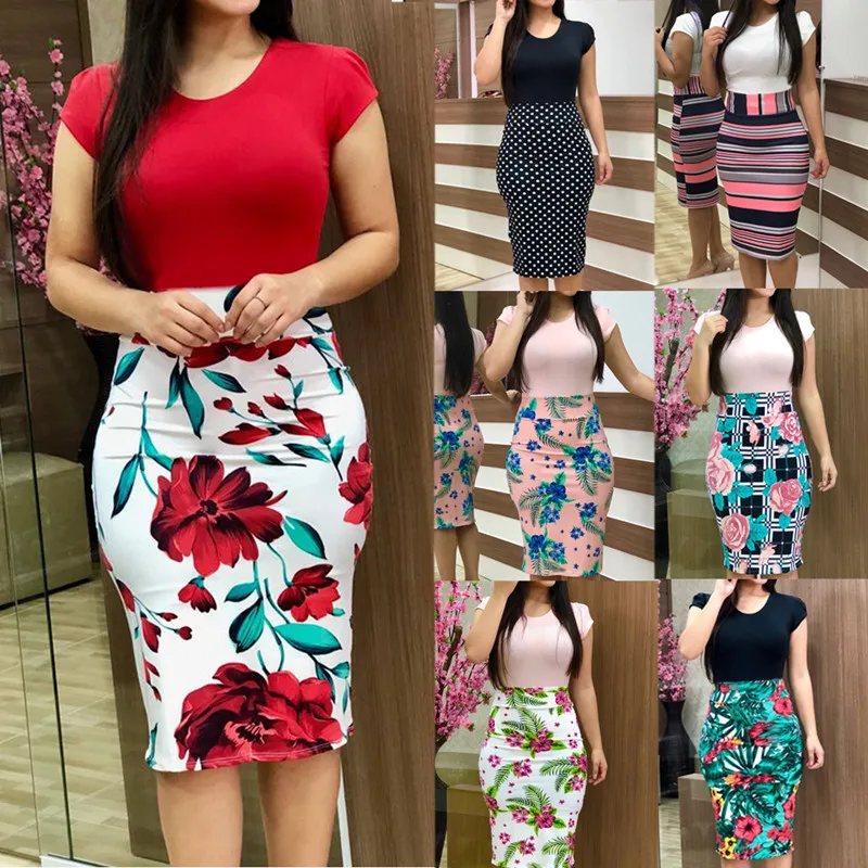 New 2022 Fashion Print Knitted Pencil Party Dress O-Neck Short Sleeve Women Summer Dress Plus Size Casual Beach Vestidos Female