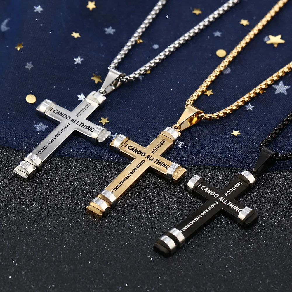 

silver/gold/black tone Cross Pendant Necklace,I Can Do All Things,Philippians 4:13,Mens Womens Jewelry Gifts