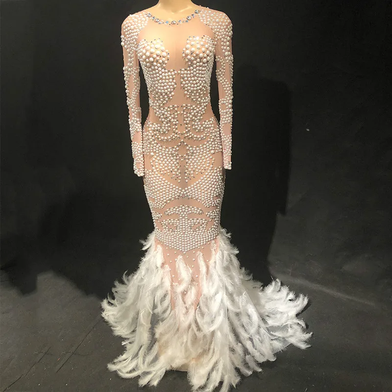 

Sexy Feather Rhinestones Festival Long Dress Women Birthday Celebrate Dresses Singer Stage Wear Ab Stones Stretch Dance Costume