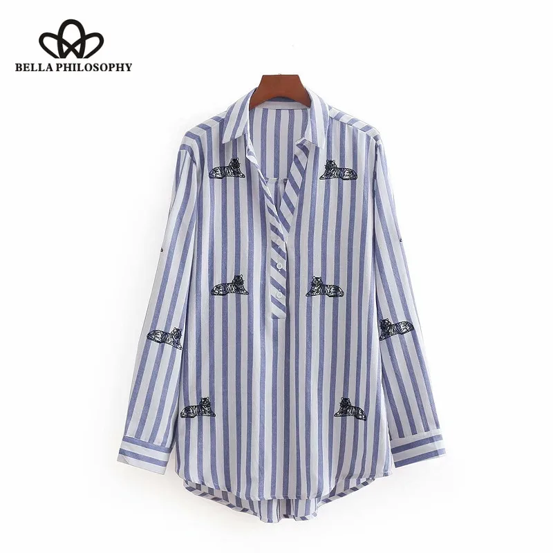 Wonder 2018 new long sleeve tiger embroidery striped casual blouse shirt women fashion business femininas blusas autumn tops