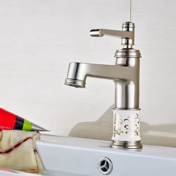 

Contemporary Deck Mount Brushed Nickel Bathroom Vanity Sink Mixer Tap Ceramic Body Mixer Single Handle