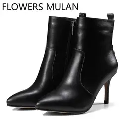 Шикарные черные кожаные ботильоны для женщин с острым носком на высоком каблуке, женская обувь с заклепками, женская обувь Zapatos De mujer
