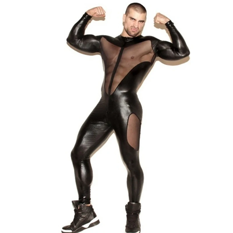 

Patent Leather Mens Sexy Long Sleeves Zipper Open Crotch Catsuit Zentai Jumpsuit Hollow Out Mesh Splice Full Bodysuit Overalls