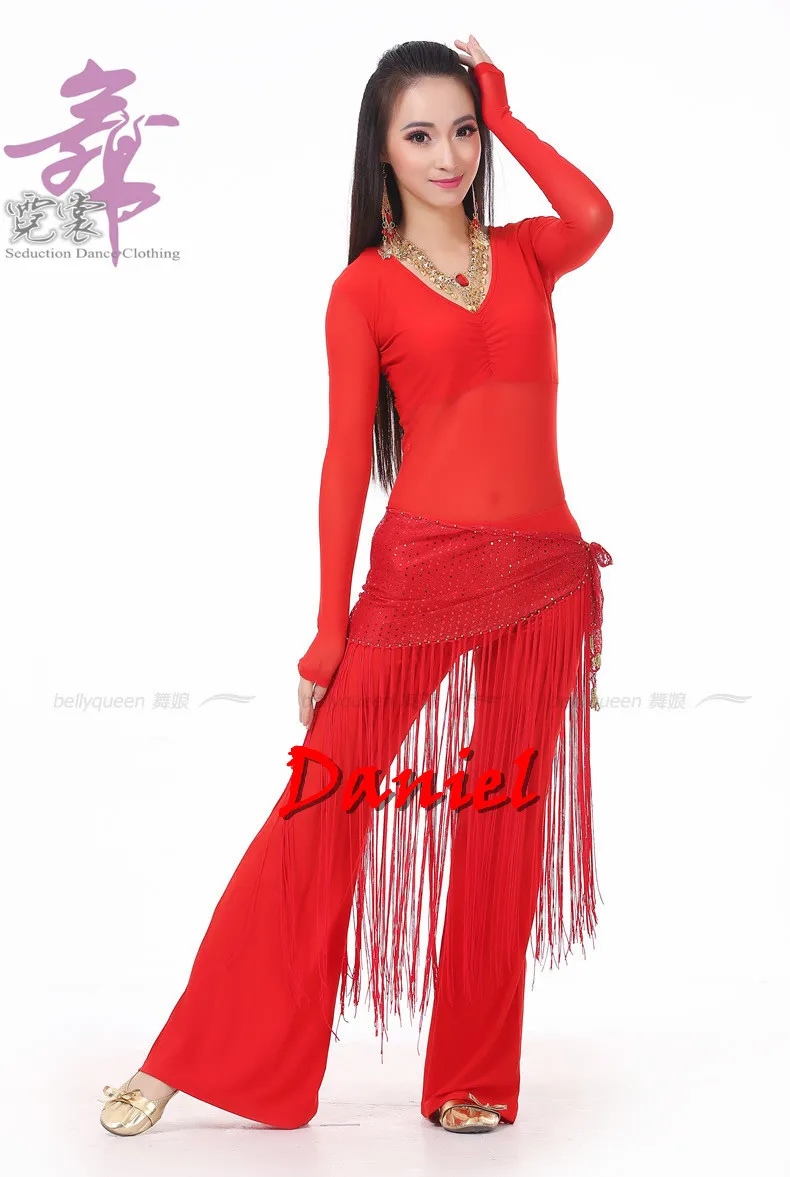Костюм для танца живота, 3 предмета(топ+ полотенце на талии+ штаны), одежда для танца живота, 10 цветов, одежда для танца, индийские платья - Цвет: Красный