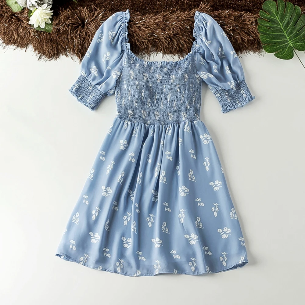 

Square Collar Light Blue Summer Dress Good Quality Short Lantern Sleeve Summer Dress 2019 New Stylish Vintage Chiffon Midi Dress