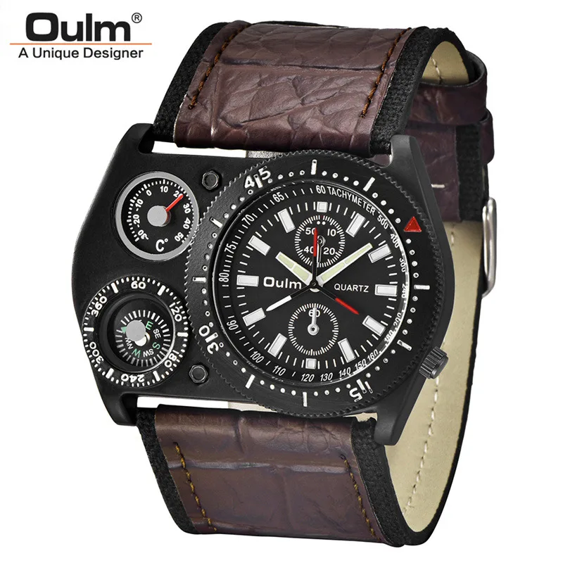 Oulm HP4094 Большие размеры мужские спортивные часы Декоративный термометр компас мужские наручные часы повседневные мужские кварцевые военные часы - Цвет: Коричневый