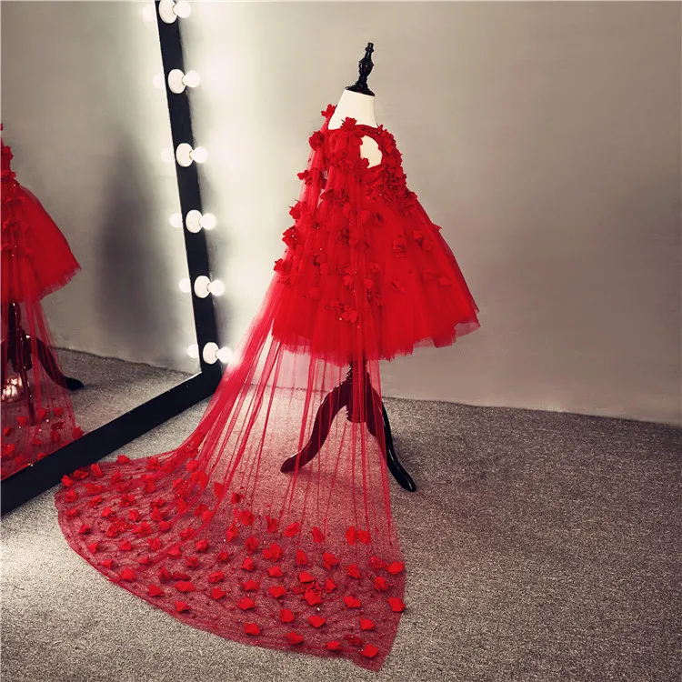 Красный Тюль с длинным шлейфом Платья для девочек на свадьбу Обувь для девочек аппликации на день рождения и свадьбу праздничное платье принцессы первого причастия