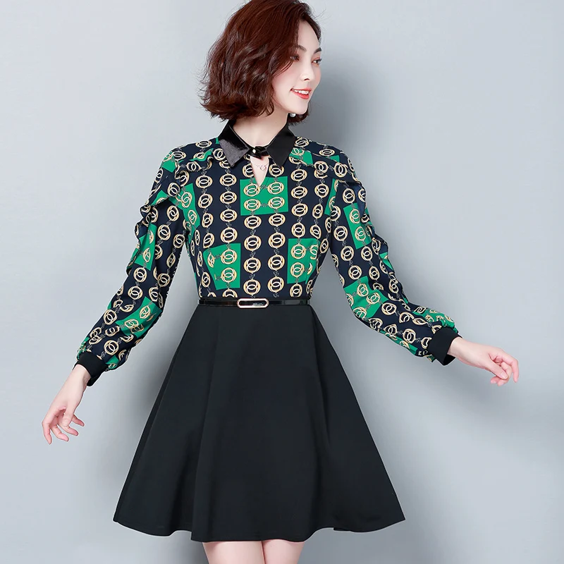 

Fake two pieces plus size fashion spring 2019 new print chiffon dress shirt splice flower bottom women clothing blusas 881i3