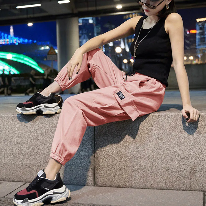 Модные Харадзюку брюки карго для женщин с высокой талией свободные карманы брюки для женщин s Уличная Хип-хоп брюки женские pantalon mujer - Цвет: pink
