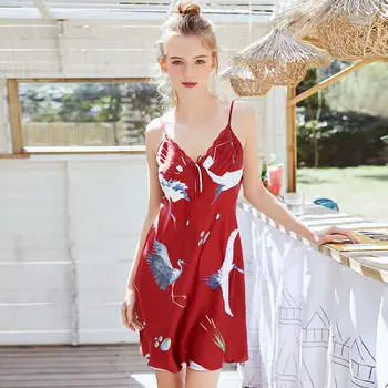 

Yhotmeng new sexy strap nightdress ladies sexy printing thin section crane spinning silk home service
