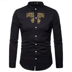 Золото цветочной вышивкой рубашка Для мужчин модные Hipster Кнопка Вниз мужская одежда рубашка с воротником-стойкой Королевский дворец
