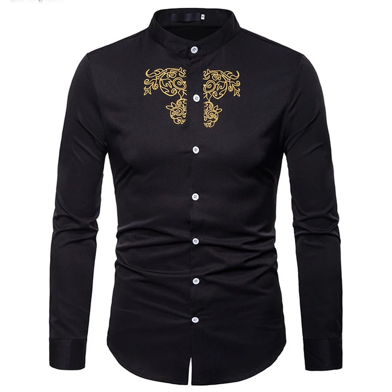 Gold Floral Embroidery Shirt Men Fashion Hipster Button Down Mens Dress Shirt Stand Collar Royal