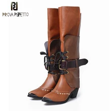 Prova Perfetto сапоги до колена женские коричневые с металлическим острым носком на шнуровке с заклепками сапоги для верховой езды крутые Модные женские Подиумные сапоги