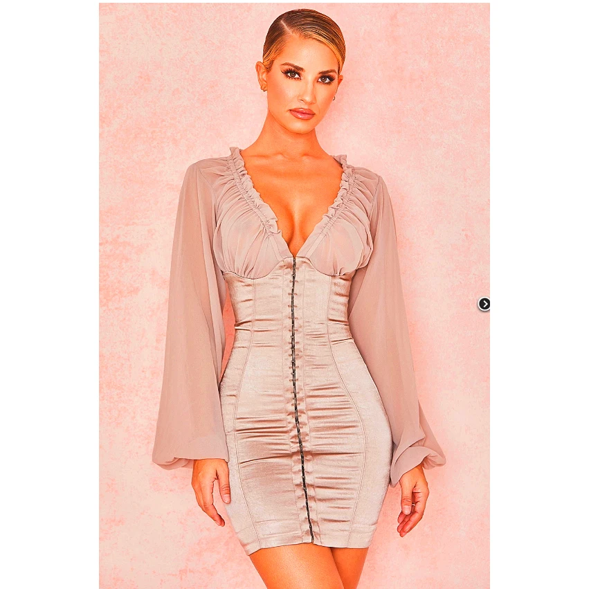 

KLEEZY Women Party Nude Long Sleeve Patchwork Mini Dress V-neck Sheath Dress Draped Celebrity Evening Femme Fashion Dress BY1035