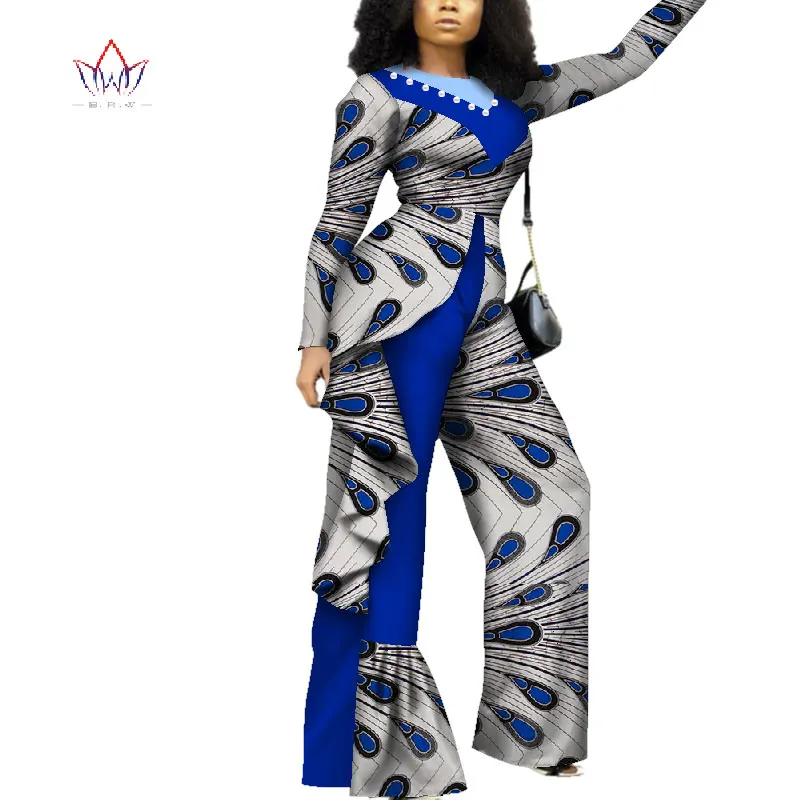

Fashion African Women Print Jumpsuit Bazin Riche Traditional African Clothing Women Pearls Draped Romper Jumpsuit WY4343