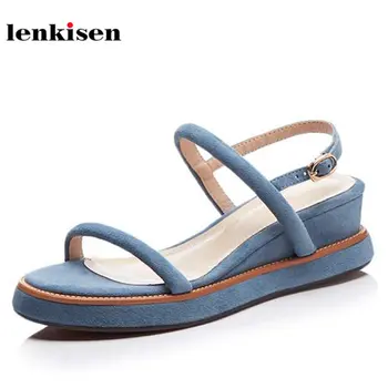 

Lenkisen peep toe solid buckle straps causal kid suede summer shoes wedges young lady playing med heel fashion women sandals L03