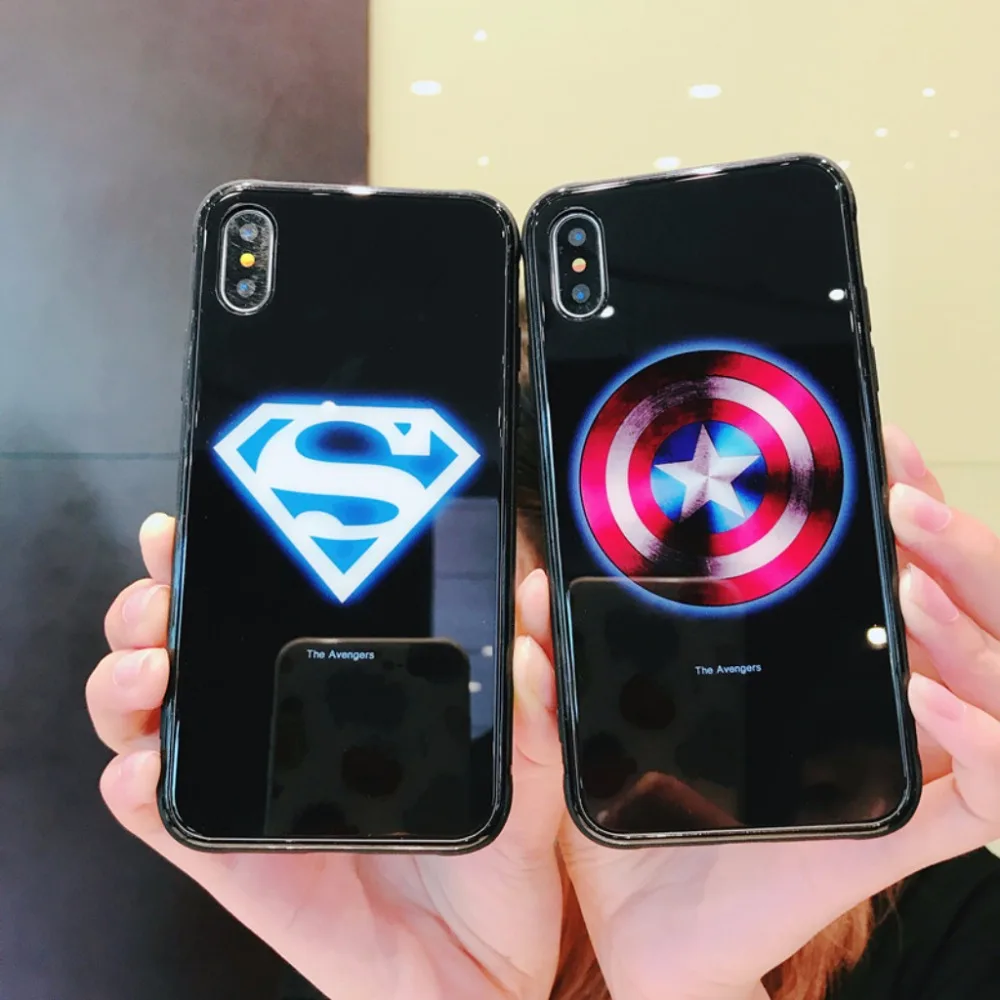 

Luminous Case for Apple iPhone X 6 6S 7 8 Plus Superman Batman Spider Flower Deer Tempered Glass Back Cover Coque