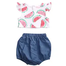 Летний комплект одежды для новорожденных девочек, футболка с рисунком арбуза+ джинсы, шаровары для маленьких девочек, летняя одежда, одежда для детей от 0 до 24 месяцев